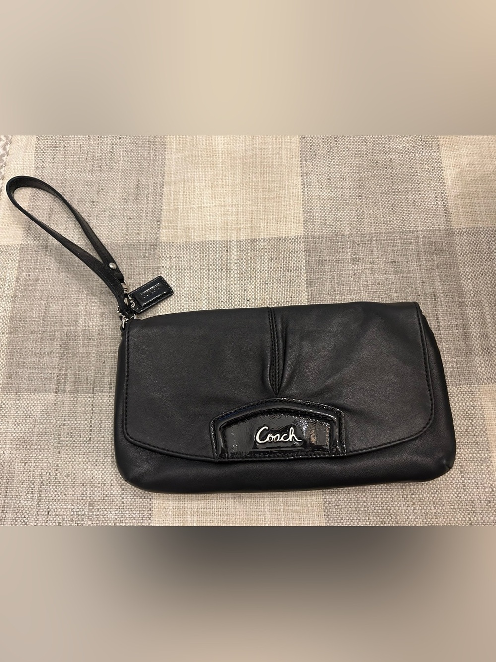Coach Black Leather Wristlet with Logo Accent